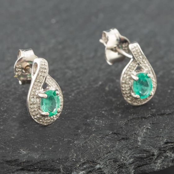 Second Hand White Gold 0.30ct Oval Cut Emerald & 0.03ct Diamond Swirl Stud Earrings 43171090