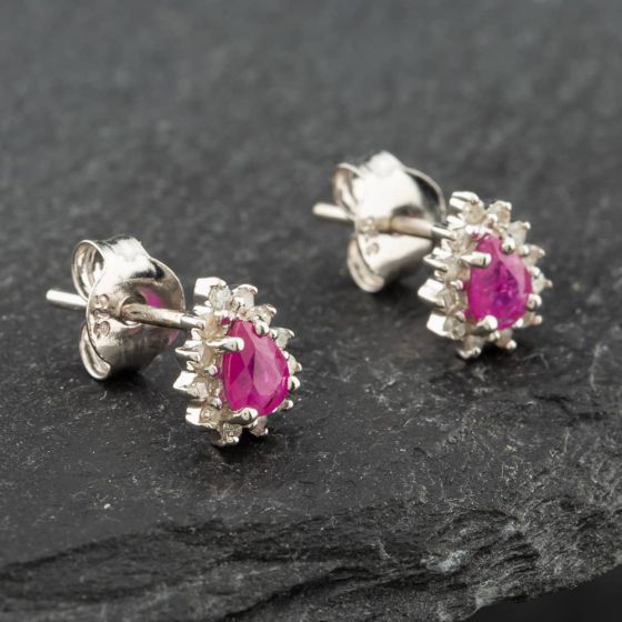 Second Hand White Gold 0.38ct Pear Cut Ruby & 0.09ct Brilliant Cut Diamond Cluster Stud Earrings 43171095