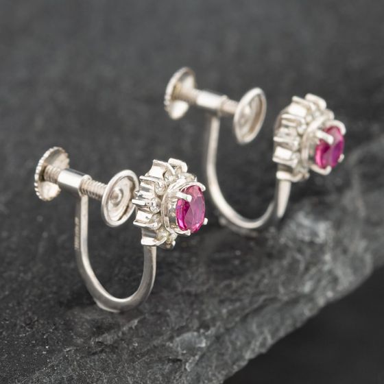 Second Hand Platinum 0.46ct Ruby & 0.08ct Single Cut Diamond Oval Screw Fittings 7.1mm Stud Earrings 43171104