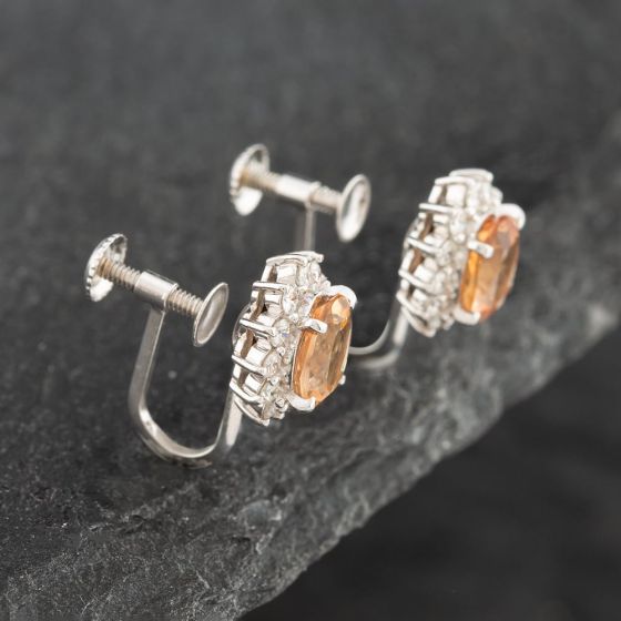 Second Hand Platinum Certificated 1.63ct Imperial Golden Topaz & 0.38ct Brilliant Cut Diamond Oval Screw Fittings 10.6mm Stud Earrings 43171108