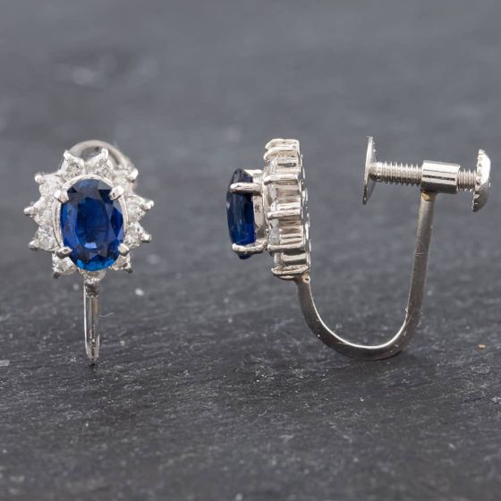 Second Hand Platinum Oval Cut Sapphire & Brilliant Cut Diamond Screw Fittings 8mm Stud Earrings 43171112