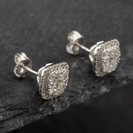 Second Hand 14ct White Gold 1.00ct Brilliant Cut Diamond Square Halo Stud Earrings 43171133