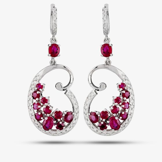 Second Hand 14ct White Gold Ruby Diamond Open Heart Dropper Earrings 4317114