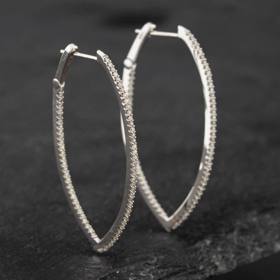 Second Hand 14ct White Gold 39mm 0.50ct Single Cut Diamond Pointed Hoop Earrings 43171149