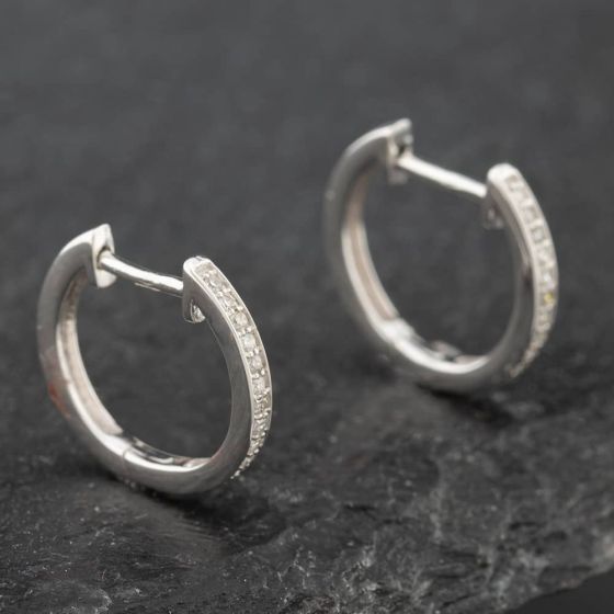 Second Hand 14ct White Gold 11mm 0.15ct Brilliant Cut Diamond Hoop Earrings 43171154