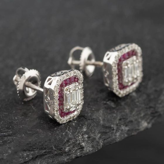 Second Hand 14ct White Gold 0.40ct Ruby & 0.50ct Diamond Oblong Stud Earrings 43171163
