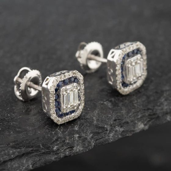 Second Hand 14ct White Gold 0.40ct Sapphire & 0.50ct Diamond Oblong Stud Earrings 43171164