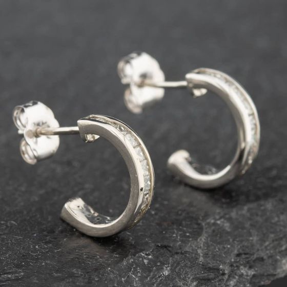 Second Hand 14ct White Gold 12mm 0.50ct Princess Cut Diamond Half Hoop Earrings 43171166