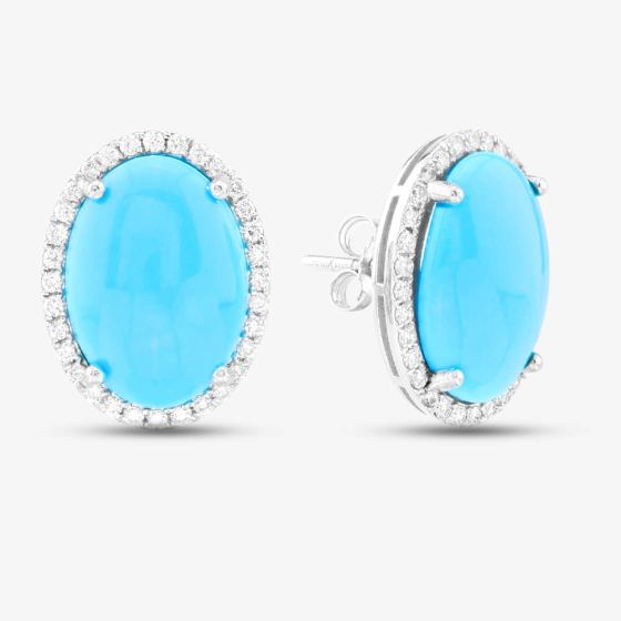Second Hand 14ct White Gold Oval Turquoise & Brilliant Cut Diamond Stud Earrings 43171171