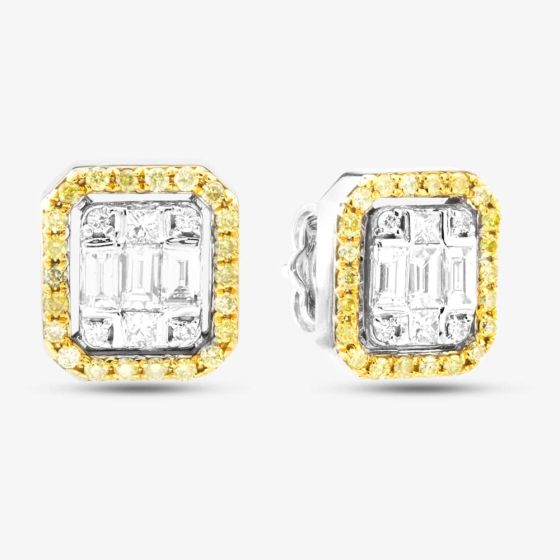 Second Hand 18ct White Gold Yellow & White Diamond Cushion Shape Stud Earrings 43171173