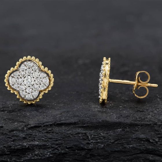 Second Hand 18ct Two Colour Gold Brilliant Cut Diamond Cluster Stud Earrings 43171179