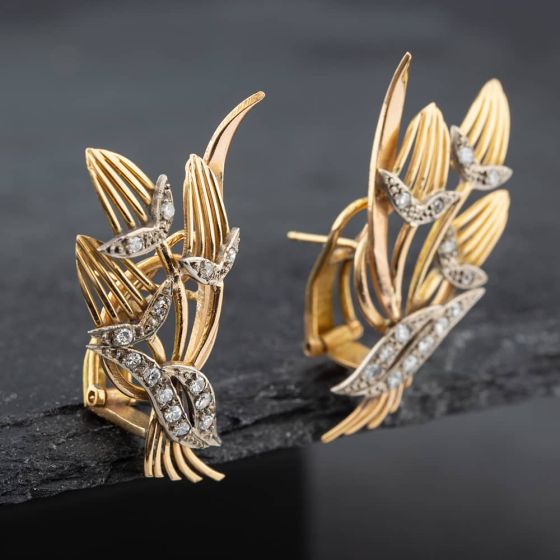 Second Hand Vintage Rose Gold Diamond Set Flower Stud Earrings 43171182