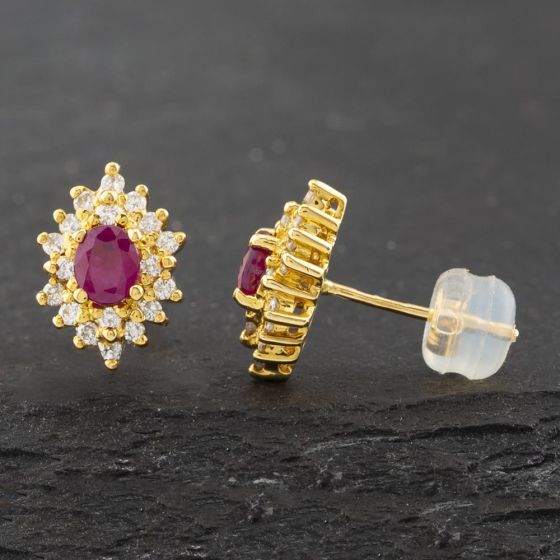 Second Hand 18ct Yellow Gold Ruby & 0.54ct Brilliant Cut Diamond Oval 5mm Stud Earrings 43171183