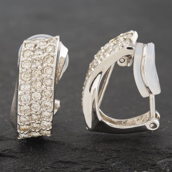 Second Hand 18ct White Gold 12mm 1.00ct Brilliant Cut Diamond Three Row Clip On Half Hoop Earrings 43171184