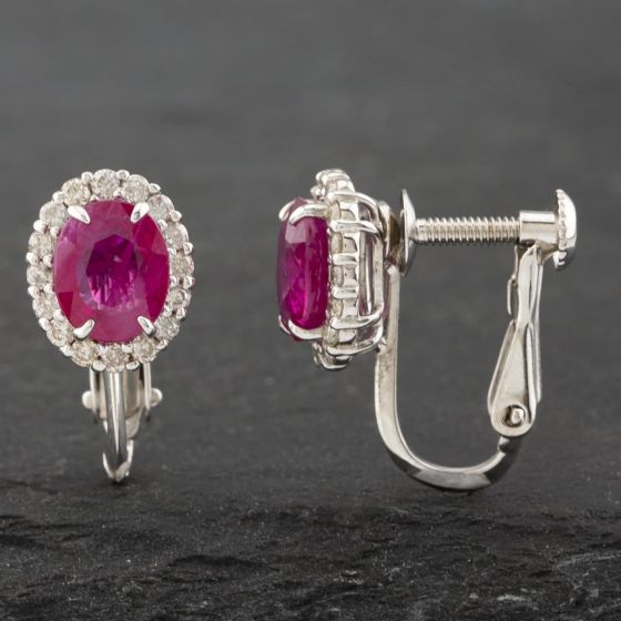 Second Hand 18ct White Gold Ruby & 0.36ct Brilliant Cut Diamond Oval Cluster Screw Fitting 9mm Stud Earrings 43171186