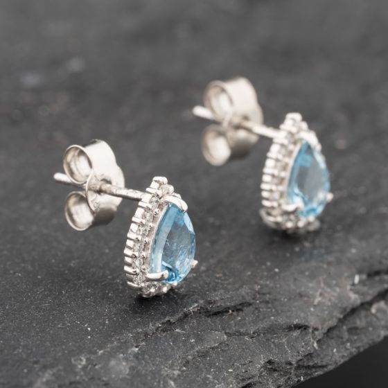Second Hand Platinum 0.72ct Diamond & 0.12ct Aquamarine Teardrop Cluster 10mm Stud Earrings 43171193