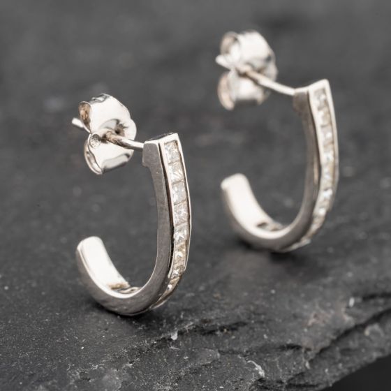 Second Hand 14ct White Gold 16mm 0.65ct Brilliant Cut Diamond Half Hoop Earrings 43171202