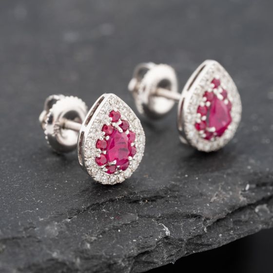 Second Hand 14ct White Gold 0.75ct Ruby & 0.20ct Diamond Cluster 10mm Stud Earrings 43171208