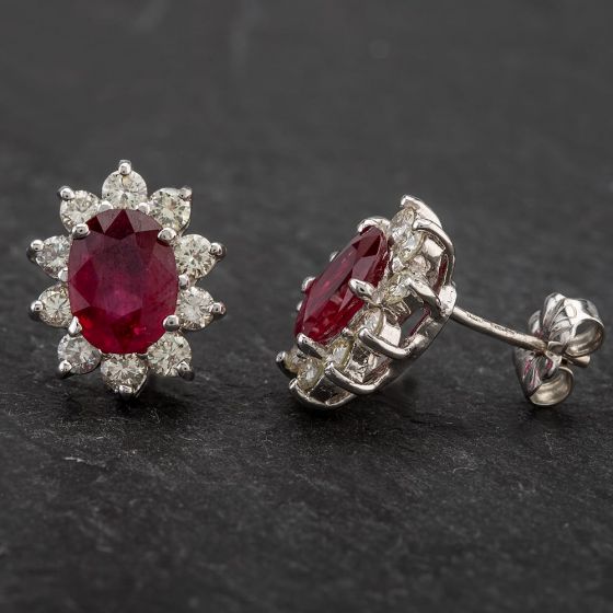 Second Hand 14ct White Gold Oval 2.00ct Ruby & 1.00ct Diamond Cluster Stud Earrings 4317120