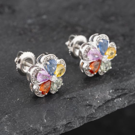 Second Hand 14ct White Gold 1.80ct Sapphire & 0.20ct Diamond Flower Stud Earrings 43171211