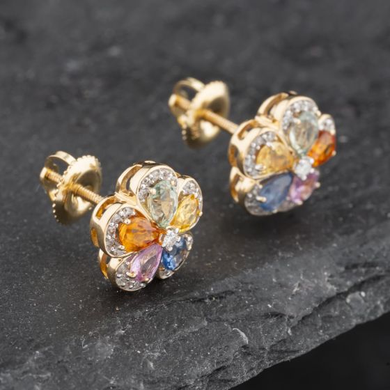 Second Hand 14ct Yellow Gold 1.80ct Sapphire & 0.20ct Diamond Flower Stud Earrings 43171212