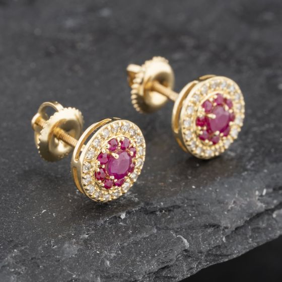 Second Hand 14ct Yellow Gold 0.60ct Ruby & 0.25ct Brilliant Cut Diamond Round Cluster Stud Earrings 43171221