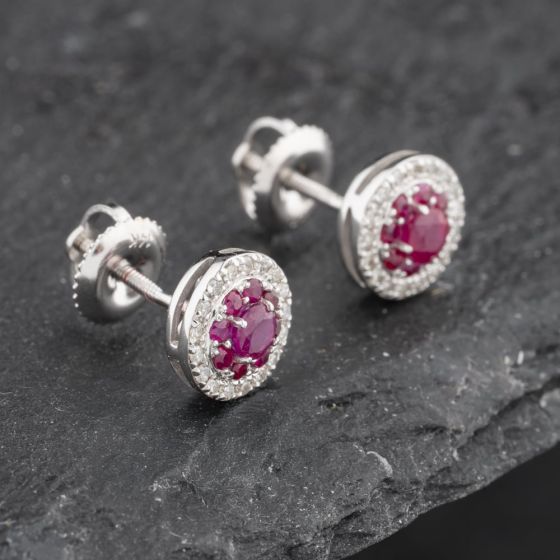 Second Hand 14ct White Gold 0.60ct Ruby & 0.25ct Brilliant Cut Diamond Round Cluster Stud Earrings 43171223