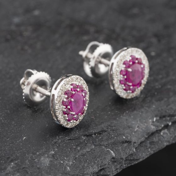 Second Hand 14ct White Gold 0.70ct Ruby & 0.25ct Diamond Oval 9mm Stud Earrings 43171229