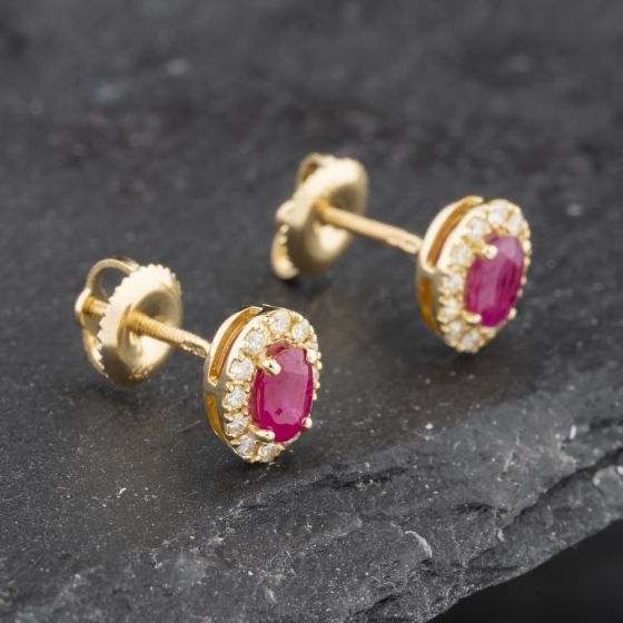 Second Hand 14ct Yellow Gold 0.60ct Ruby & 0.25ct Diamond Oval Cluster 7mm Stud Earrings 43171231