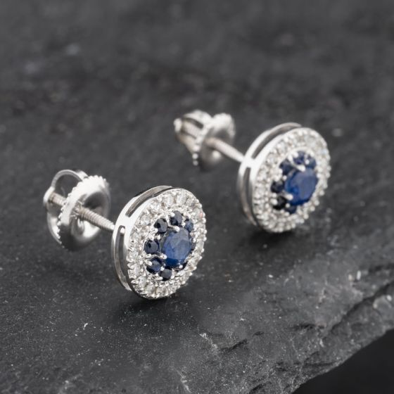 Second Hand 14ct White Gold 0.60ct Sapphire & 0.25ct Diamond Round Cluster Stud Earrings 43171232