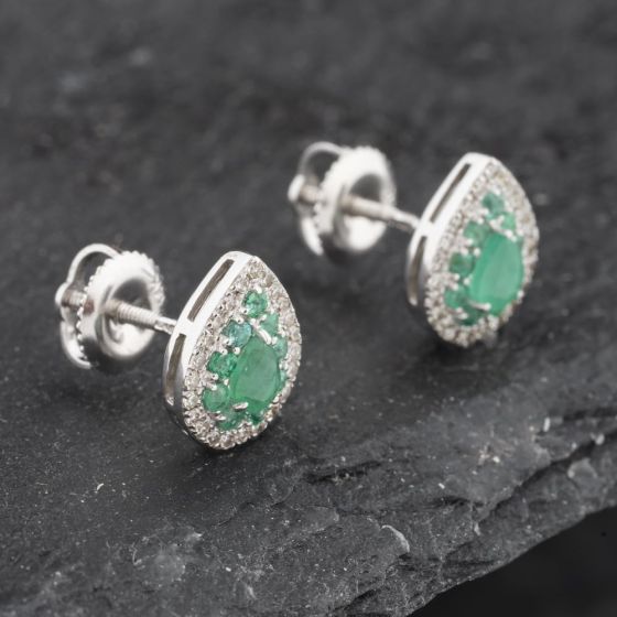 Second Hand 14ct White Gold 0.75ct Emerald & 0.20ct Brilliant Cut Diamond Teardrop 10mm Stud Earrings 43171234