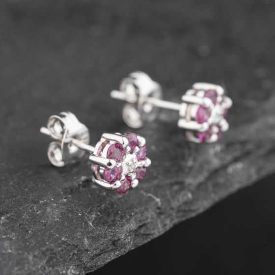 Second Hand 9ct White Gold 0.58ct Ruby & Diamond Round Cluster Stud Earrings 43171235