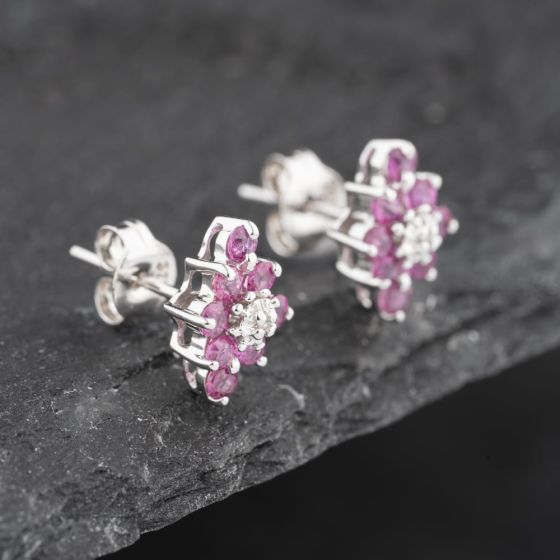 Second Hand 9ct White Gold 0.74ct Ruby & Diamond Marquise Shape Cluster 9mm Stud Earrings 43171242
