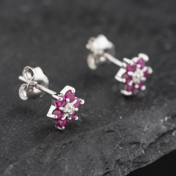 Second Hand 9ct White Gold 0.54ct Ruby & Diamond Flower Cluster Stud Earrings 43171249