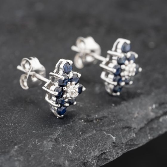 Second Hand 9ct White Gold 0.74ct Sapphire & Diamond Marquise Shape Cluster 10mm Stud Earrings 43171256
