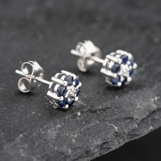 Second Hand 9ct White Gold 0.58ct Sapphire & Diamond Round Cluster Stud Earrings 43171263