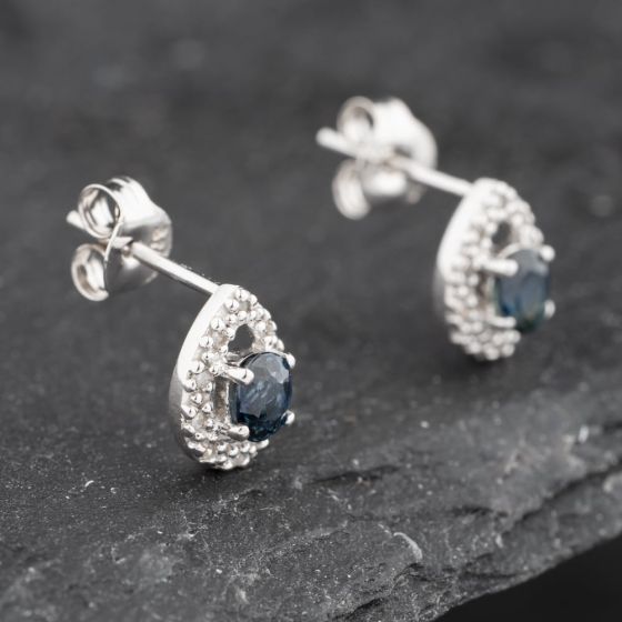 Second Hand 9ct White Gold 0.38ct Sapphire & Diamond Teardrop Cluster 8.5mm Stud Earrings 43171272