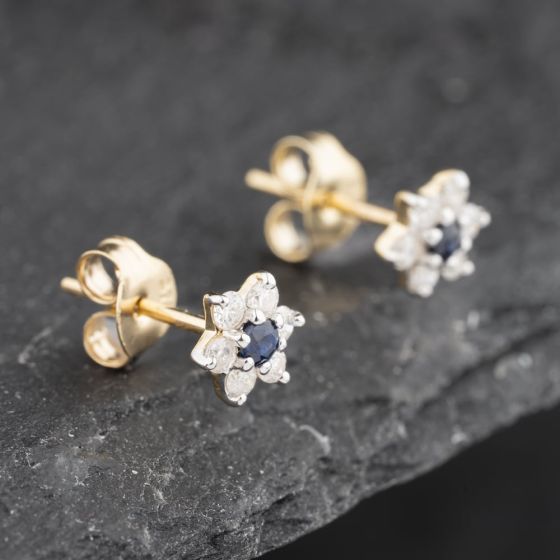 Second Hand 9ct Yellow Gold 0.09ct Sapphire & 0.24ct Diamond Flower Cluster Stud Earrings 43171276
