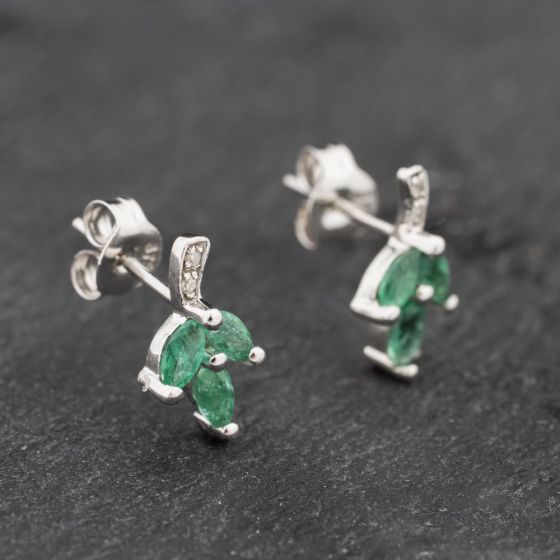 Second Hand 9ct White Gold 0.40ct Emerald & Diamond Leaf 11.1mm Stud Earrings 43171291
