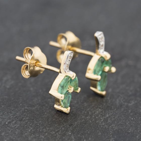 Second Hand 9ct Yellow Gold 0.31ct Emerald & Diamond Leaf 11.1mm Stud Earrings 43171307