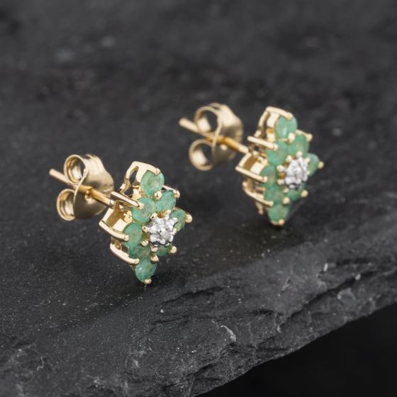 Second Hand 9ct Yellow Gold 0.56ct Emerald & Diamond Marquise Shape Cluster 10mm Stud Earrings 43171328