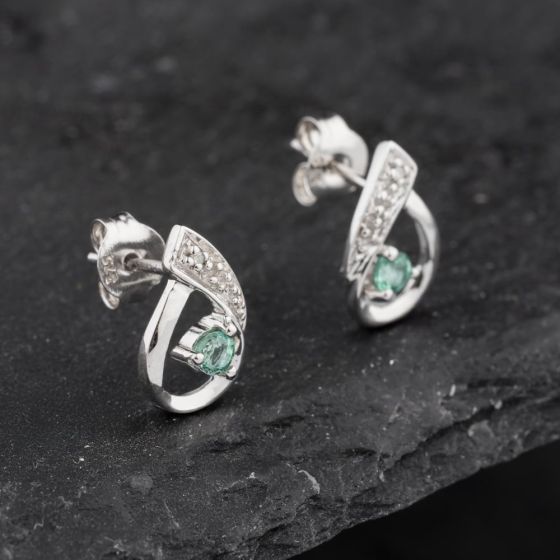 Second Hand 9ct White Gold 0.13ct Emerald & Diamond Open Work Swirl 12mm Stud Earrings 43171338