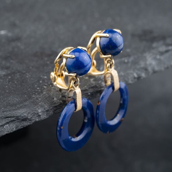 Second Hand 9ct Yellow Gold 34mm Lapis Lazuli Clip On Dropper Earrings 43171352