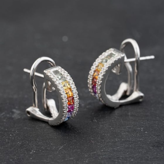 Second Hand 18ct White Gold Sapphire & 0.68ct Brilliant Cut Diamond 13.9mm Hoop Earrings 43171359