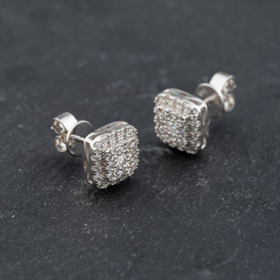 Second Hand 9ct White Gold 0.52ct Brilliant Cut Diamond Square Halo Stud Earrings 43171364