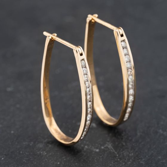 Second Hand 9ct Yellow Gold 1.00ct Brilliant Cut Diamond 30mm Oval Hoop Earrings 43171365