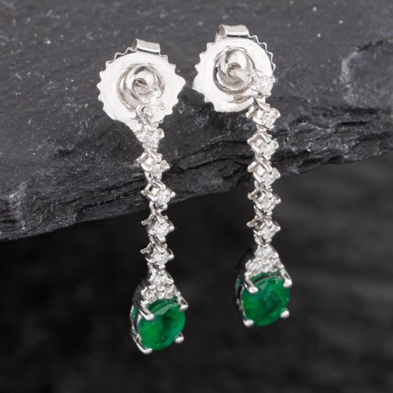 Second Hand 18ct White Gold 0.60ct Emerald & 0.18ct Brilliant Cut Diamond 24mm Dropper Earrings 43171369