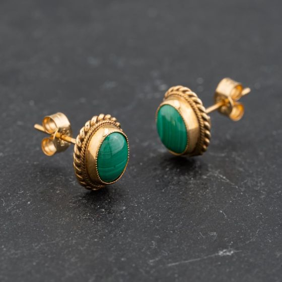 Second Hand 9ct Yellow Gold 10mm Green Malachite Oval Stud Earrings 43171371