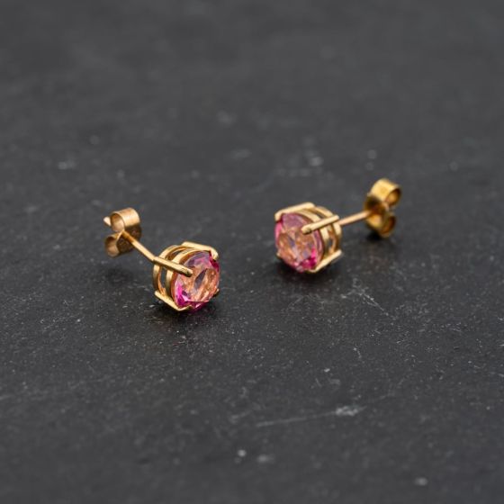 Second Hand Yellow Gold 6mm Colour Treated Pink Topaz Set Stud Earrings 43171376