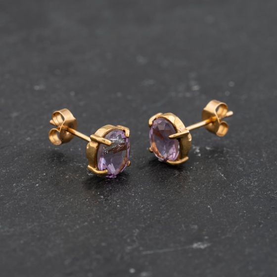 Second Hand Yellow Gold 8mm Amethyst Oval Stud Earrings 43171379